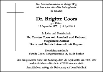Todesanzeige von Brigitte Coors von SYK