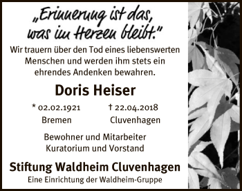 Todesanzeige von Doris Heiser von SYK