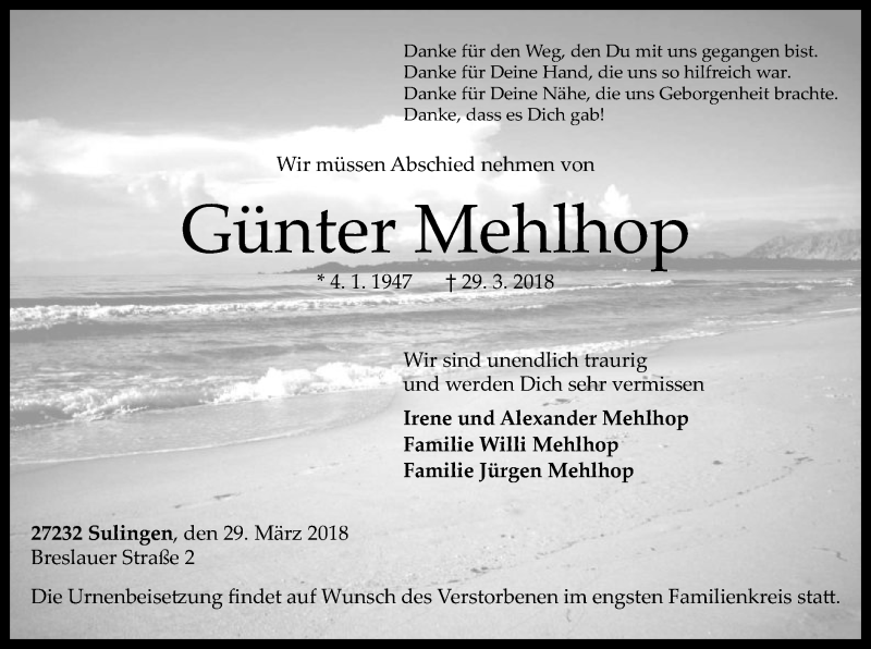  Traueranzeige für Günter Mehlhop vom 03.04.2018 aus SYK