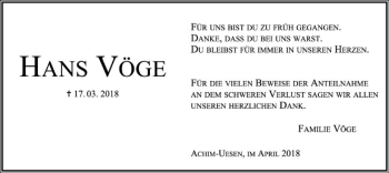 Todesanzeige von Hans Vöge von SYK