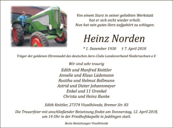 Todesanzeige von Heinz Norden von SYK