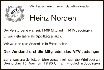 Todesanzeige von Heinz Norden von SYK