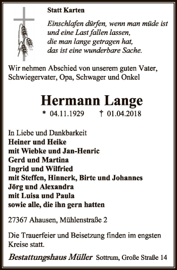 Todesanzeige von Hermann Lange von SYK