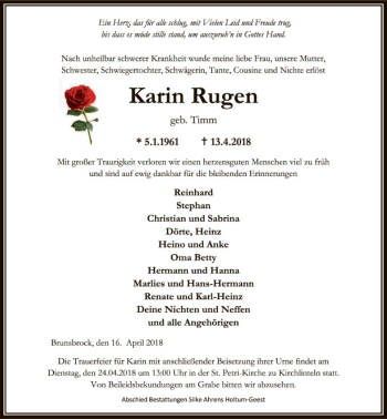 Todesanzeige von Karin Rugen von SYK