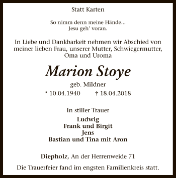 Todesanzeige von Marion Stoye von SYK