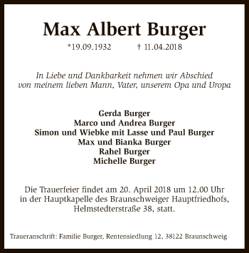Todesanzeige von Max Albert Burger von SYK