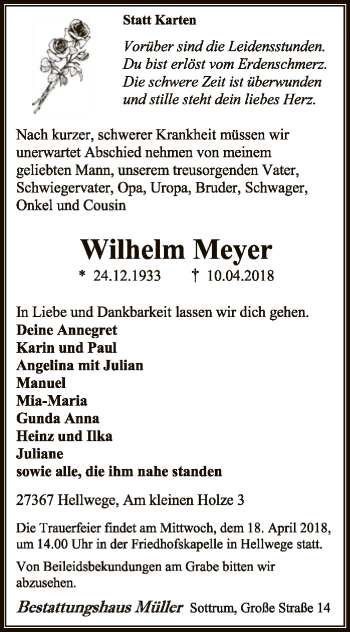 Todesanzeige von Wilhelm Meyer von SYK