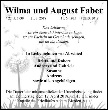 Todesanzeige von Wilma und August Faber von SYK