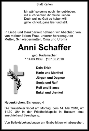 Todesanzeige von Anni Schaffer von SYK