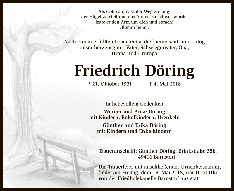  Traueranzeige für Friedrich Döring vom 12.05.2018 aus SYK