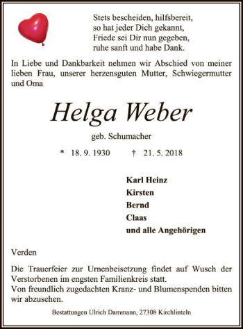 Todesanzeige von Helga Weber von SYK