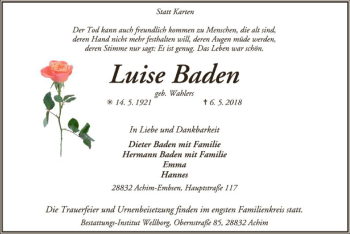 Todesanzeige von Luise Baden von SYK