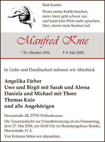 Todesanzeige von Manfred Knie von SYK