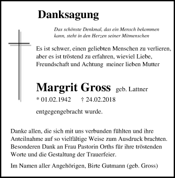 Todesanzeige von Margrit Gross von SYK