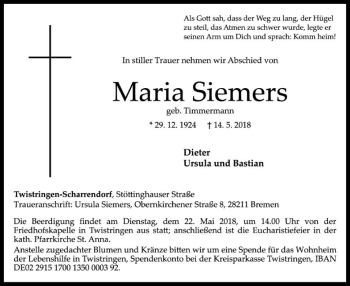 Todesanzeige von Maria Siemers von SYK