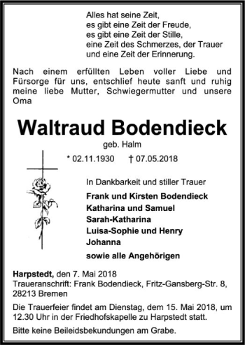 Todesanzeige von Waltraud Bodendieck von SYK