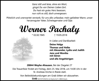 Todesanzeige von Werner Pachaly von SYK