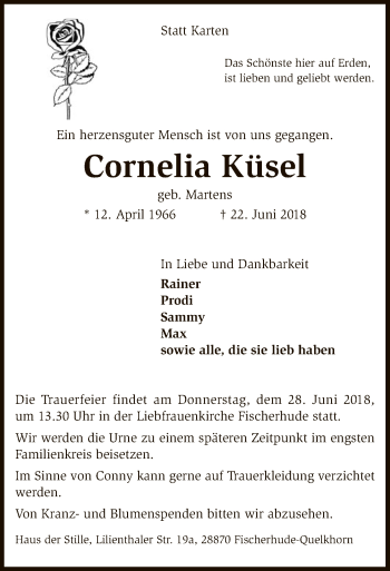 Todesanzeige von Cornelia Küsel von SYK