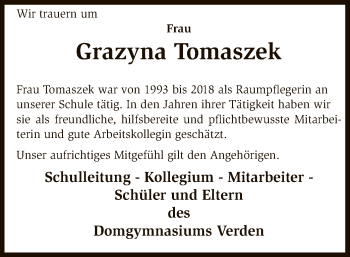 Todesanzeige von Grazyna Tomaszek von SYK