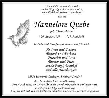 Todesanzeige von Hannelore Quebe von SYK