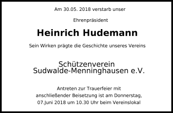 Todesanzeige von Heinrich Hudemann von SYK