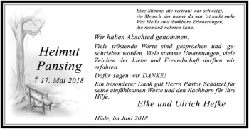 Todesanzeige von Helmut Pansing von SYK
