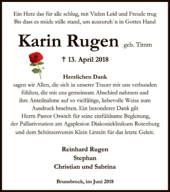 Todesanzeige von Karin Rugen von SYK