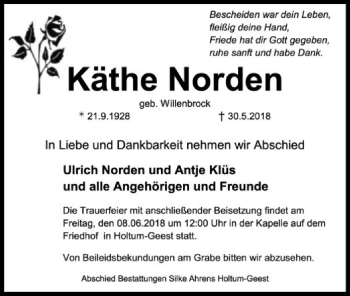 Todesanzeige von Käthe Norden von SYK