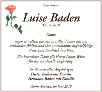 Todesanzeige von Luise Baden von SYK