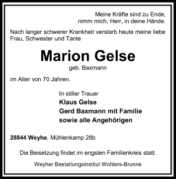 Todesanzeige von Marion Gelse von SYK