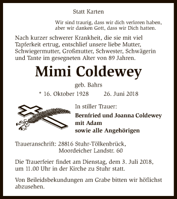 Todesanzeige von Mimi Coldewey von SYK