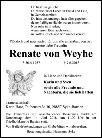 Todesanzeige von Renate  von Weyhe von SYK