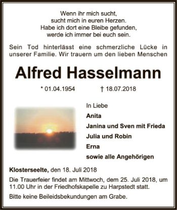 Todesanzeige von Alfred Hasselmann von SYK