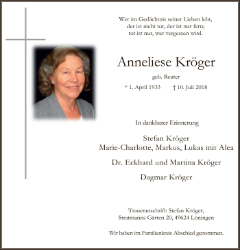 Todesanzeige von Anneliese Kröger von SYK