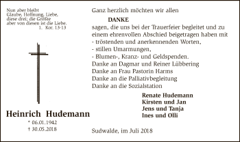 Todesanzeige von Heinrich Hudemann von SYK
