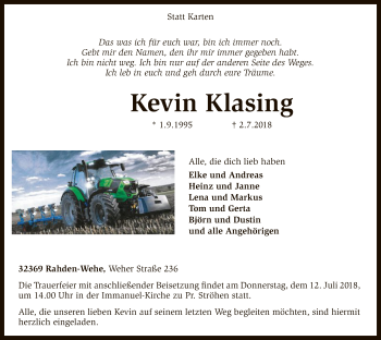 Todesanzeige von Kevin Klasing von SYK
