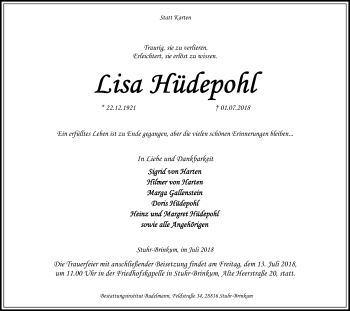 Todesanzeige von Lisa Hüdepohl von SYK