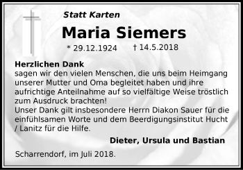 Todesanzeige von Maria Siemers von SYK