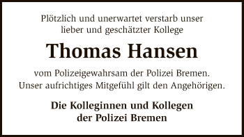 Todesanzeige von Thomas Hansen von SYK