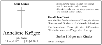 Todesanzeige von Anneliese Kröger von SYK