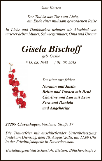 Todesanzeige von Gisela Bischoff von SYK