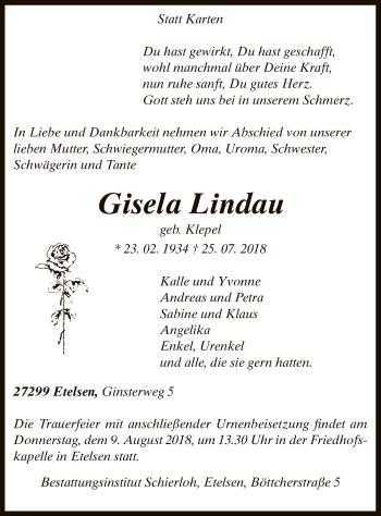 Todesanzeige von Gisela Lindau von SYK