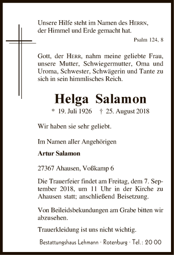 Todesanzeige von Helga Salamon von SYK
