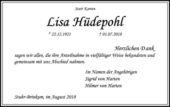 Todesanzeige von Lisa Hüdepohl von SYK