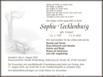 Todesanzeige von Sophie Tecklenburg von SYK