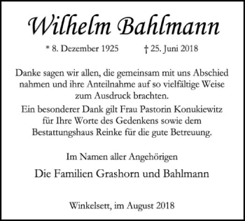 Todesanzeige von Wilhelm Bahlmann von SYK
