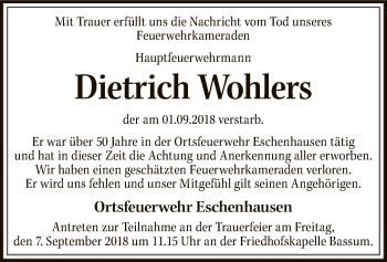 Todesanzeige von Dietrich Wohlers von SYK