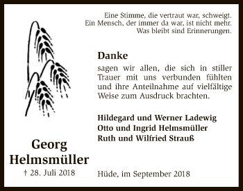 Todesanzeige von Georg Helmsmüller von SYK