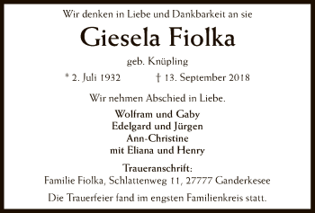 Todesanzeige von Giesela Fiolka von SYK