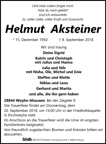 Todesanzeige von Helmut Aksteiner von SYK